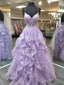 V Neck Backless Fluffy Lilac Lace Long Prom Dresses, Purple Lace Formal Evening Dresses, Lilac Ball Gown
