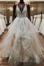 V Neck Backless Light Champagne Lace Wedding Dress Open Back Champagne Lace Prom Dress