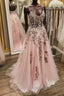 V Neck Backless Pink Lace Long Prom Dress, Long Pink Lace Formal Evening Dress