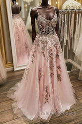 V Neck Backless Pink Lace Long Prom Dress, Long Pink Lace Formal Evening Dress