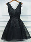V-neck Beaded Elegance Appliqued Black Lace Homecoming Dresses