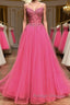 V Neck Beaded Hot Pink Lace Tulle Long Prom Dress Hot Pink Lace Prom Dress Hot Pink Prom Dress
