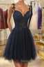V Neck Beaded Navy Blue Lace Prom Dresses Navy Blue Lace Homecoming Dresses Short Navy Blue Prom Graduation Prom Dresses