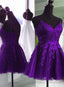 V Neck Beaded Purple Lace Prom Dress, Purple Lace Homecoming Dress Short Party Dress