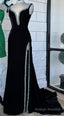 V Neck Black Long Prom Dress with Beading