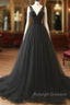 V Neck Black Tulle A Line Prom Dress