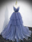 V Neck Blue Beaded Layered Long Prom Dresses, Blue High Low Formal Graduation Dresses