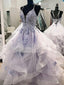 V Neck Blue Lace Puffy Long Prom Dress Blue Lace Long Puffy Prom Dress
