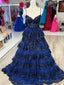 V Neck Blue White Red Layered Lace Prom Dress V Neck Blue White Red Lace Prom Dress