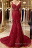 V Neck Burgundy Mermaid Lace Prom Dress Wine Red Mermaid Lace Prom Bridesmaid Dress
