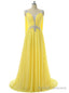 V Neck Cap Sleeves Chiffon Crystals Open Back Long Prom Dresses