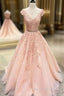 V Neck Cap Sleeves Peach Lace A-Line Long Evening Prom Dresses