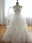 V Neck Court Train Backless White Wedding Dress, Backless Wedding Prom Gowns