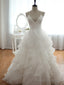 V Neck Court Train Backless White Wedding Dress, Backless Wedding Prom Gown