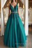 V Neck Dark Green Lace Prom Dresses, Dark Green Lace Formal Evening Dresses
