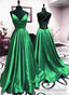 V Neck Green Backless A Line Satin Long Prom Dresses