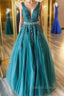 V Neck Green Lace Prom Dresses Long with Beaded Belt Long Green Lace Prom Dresses
