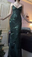 V Neck Green Prom Dress Prom Gown With Sequin Appliques
