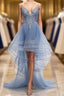 V Neck High Low Blue Lace Prom Dresses, Blue Lace High Low Formal Evening Graduation Dresses