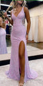 V Neck Hollow-Out Backless Sequins Mermaid Prom Dress with Slit