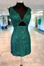 V Neck Hunter Green Sequin Cutout Short Homecoming Dress