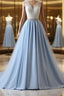 V Neck Light Blue Lace Prom Dresses, Light Blue Lace Formal Evening Dresses