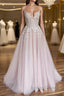 V Neck Light Pink Tulle Lace Prom Dresses, Light Pink Tulle Lace Formal Evening Dresses