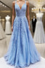 V Neck Long Blue Lace Prom Dress Blue Long Lace Prom Bridesmaid Dress