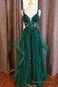 V Neck Long Green Lace Prom Dresses, V Neck Long Green Lace Formal Prom Dresses
