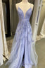 V Neck Long Purple Lace Prom Dresses, Purple V Neck Long Lace Formal Prom Dresses