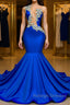 V Neck Mermaid Appliques Lace Sequined Open Back One Shoulder Floor Length Sleeveless Prom Dresses