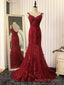 V Neck Mermaid Backless Burgundy Lace Tulle Long Prom with Train, Burgundy Lace Formal, Burgundy Prom
