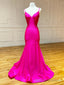 V Neck Mermaid Hot Pink Prom Dresses, Hot Pink Mermaid Backless Formal Prom Dresses