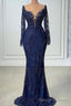 V-neck Mermaid Lace Floor-length Long Sleeve Sequined Prom Dress