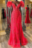 V Neck Mermaid Off Shoulder Red Lace Long Prom Dress, Mermaid Red Formal Dress, Red Lace Evening Dress