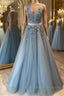 V Neck Open Back Beaded Blue Prom Dresses Long with 3D Flowers Open Back Blue Prom Graduation Prom Dresses