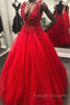 V Neck Open Back Beading Red Long Prom Dress with 3D Flower, V Neck Red Formal Dress, Red Evening Dress