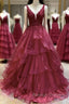 V Neck Open Back Burgundy Lace Long Prom Dresses Burgundy Lace Prom Dresses Burgundy Ball Gown