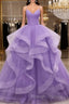 V Neck Open Back Fluffy Purple Tulle Long Prom Dress