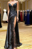 V Neck Open Back Mermaid Black Lace Long Prom Dress with High Slit, Mermaid Black Formal Dress, Black Lace Evening Dress