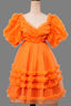 V Neck Orange Ruffled Short Homecoming Dress with Puff Sleeves