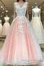 V Neck Pink Lace Appliques Long Sweet 16 Prom Dresses Pink Lace Prom Dresses Pink Prom Dresses