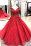 V Neck Prom Dress Red Lace Prom Gown A-Line Sleeveless Beaded Belt