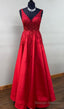 V Neck Red Long Prom Dress with Lace and Beading
