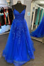 V Neck Royal Blue Lace Prom Dresses, V Neck Royal Blue Lace Formal Prom Dresses