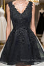 V Neck Short Black Lace Prom Dresses, Black Lace Homecoming Dresses, Short Black Formal Evening Dresses