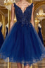 V Neck Short Blue Lace Prom Dresses Blue Lace Homecoming Dresses Short Blue Prom Graduation Prom Dresses