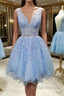 V Neck Short Blue Lace Prom Dresses, Short Blue Lace Formal Homecoming Dresses
