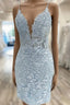 V Neck Short Light Blue Lace Prom Dress V Neck Blue Lace Short Graduation Homecoming Dress