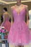 V Neck Short Pink Lace Prom Dress V Neck Pink Lace Prom Graduation Dress